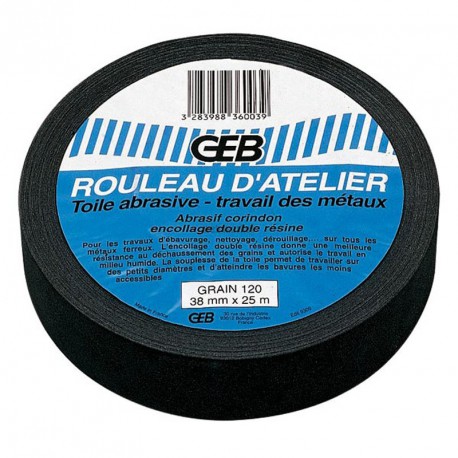 Rouleau d atelier toile abrasive grain 120 en rouleau de 38mmx25m en boîte dévidoir réf. 836003