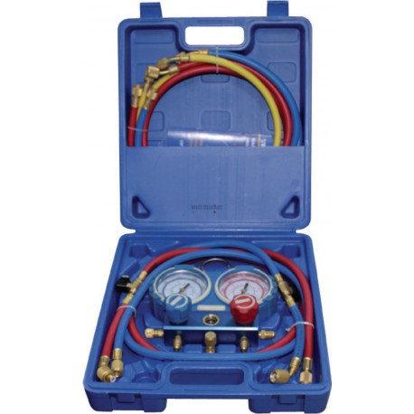 Coffret manomètre pour R407-R410A-R32-R134A avec 3 flexibles 90 cm 8x13 et 2 flexibles 90cm 1/4-5/16, avec vanne Réf. TFVMG2R