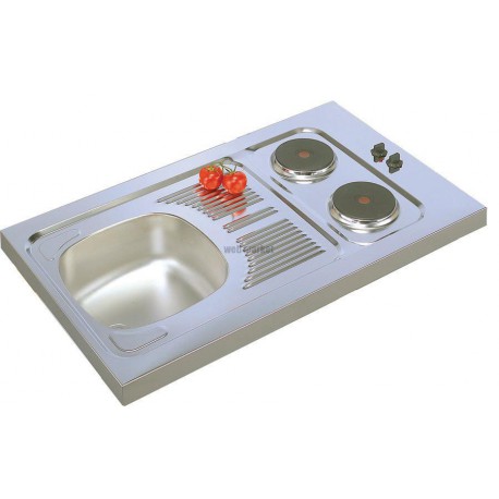 Evier cuisinette en inox F17, hauteur 5 cm, 1 cuve, 2 plaques électriques intégrées puissance totale 3000 Watts, vidage compl