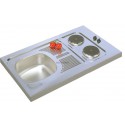 Evier cuisinette en inox F17, hauteur 5 cm, 1 cuve, 2 plaques électriques intégrées puissance totale 3000 Watts, vidage compl