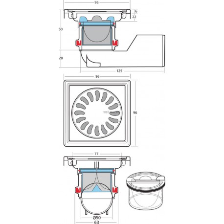 Siphon inox sortie mixte 50mm orientable 360 , 96x96 réf 2112810