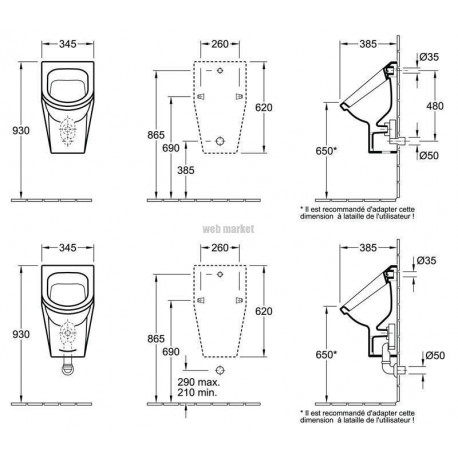 Urinoir à action siphonique TARGA ARCHITECTURA 350 x 615 x 385 mm, alimentation encastrée, anti-éclaboussures blanc Réf.