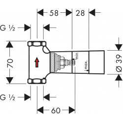 Corps d'encastrement pour robinet d'arrêt 15 x 21 à disques céramiques, limiteur de débit 40 L/min à écoulement libre ré