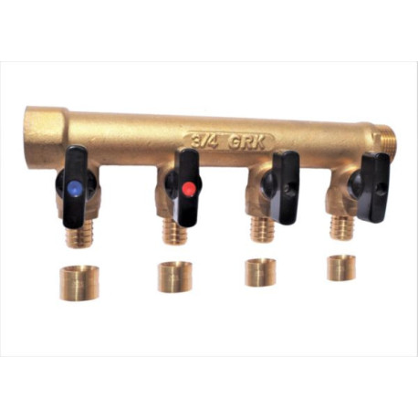 Distributeur MF 3/4" entraxe 50mm 6 piquages avec mini vannes intégrées à glissement Ø12 Réf. 958G-6G12