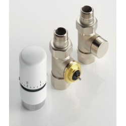 Kit de robinetterie thermostatique droite 1/2'' avec robinet de réglage droit et té de réglage, tête thermostatique design blanche, raccords Cuivre 14x1, PER 12x1 - Kit nickelé Réf. 841068