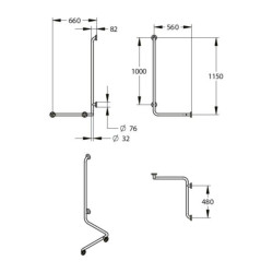 Barre de douche d'angle avec barre verticale de diamètre 32mm. 4 points de fixation. 660 x 560 x 1150 mm. Modèle gauche. Réf. 60331