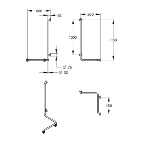 Barre de douche d'angle avec barre verticale de diamètre 32mm. 4 points de fixation. 660 x 560 x 1150 mm. Modèle gauche. Réf. 60331