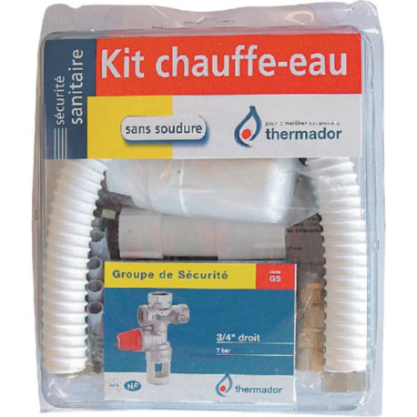 Kit chauffe-eau complet (groupe sécurité, siphon, 2 flexibles inox, évacuation pvc avec raccord, tire-fond et cheville) BKCE