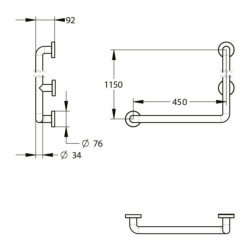 Barre d'appui et de maintien coudée 90° Ø34 mm modèle gauche  L. 450 x H. 1150 mm -Aluminium gainé ABS antibactérien  Réf.60338