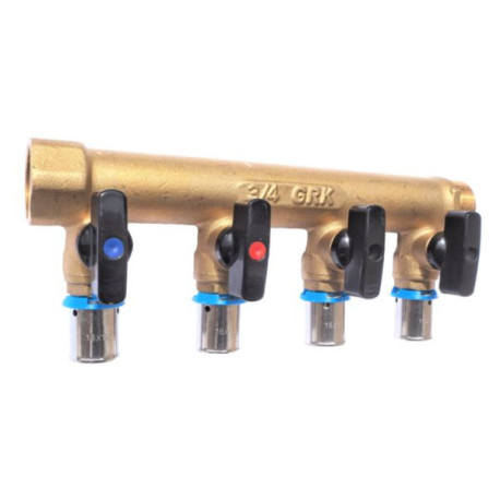 Distributeur MF 3/4" entraxe 50mm 2 piquages avec mini vannes intégrées à sertir Ø12 Réf. 958G-2S12