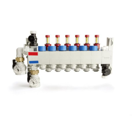 Collecteur polymère compact Rehau 10 circuits livré prémonté et équipé de raccords instantanés en tube PER RAUTHERM de Ø 16 x 1.5 Réf. 14707801001