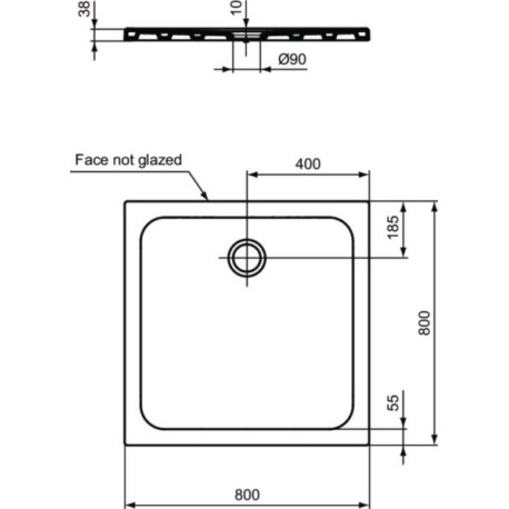 Receveur carré en grès fin 80 x 80 cm Okyris blanc. Extra-plat 4 cm d'épaisseur. Émaillé 3 faces. À encastrer ou à poser. Ressaut interne de 2 cm maximum. Bonde non fournie Ø 9 cm (réf. R6102AA)