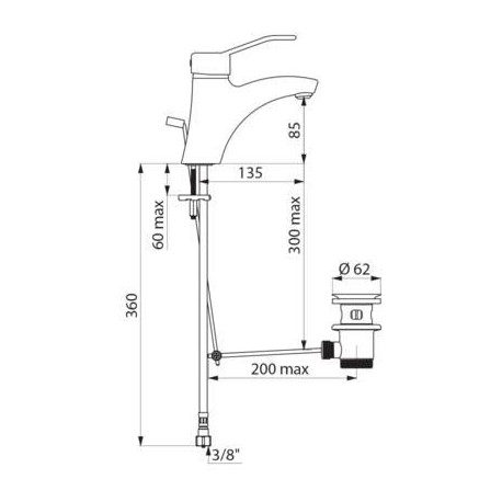 Mitigeur de lavabo à bec fixe H 85, commande par manette ajourée, avec vidage laiton 33 x 42 à tirette et cartouche à équilibrage pression réf. 2520EP