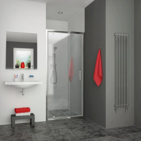 Porte de douche pivotante, pivots excentrés, EQUI, largeur 800 mm, hauteur 1900 mm, profilé argent poli, verre Clair traité Anticalcaire Réf. EIPIV08019VPE