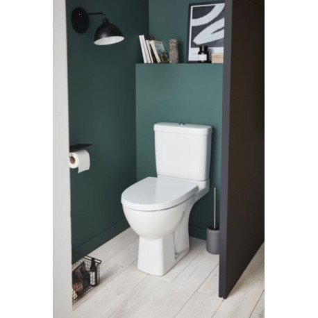 Pack WC au sol sans bride ODEON UP sortie horizontale, 67 x 36,5 cm. Réservoir à alimentation latérale. Abattant à descente progressive et déclipsable. Hauteur confort 41 cm. Blanc Ref : E22770-00